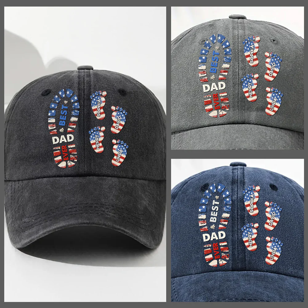 Best Dad Ever - Personalized Custom Vintage Washed Denim Cap - Image 3
