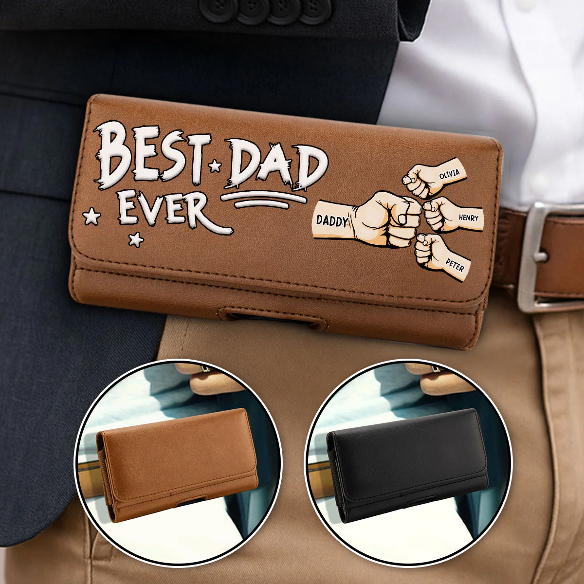 Best Dad - Personalized Custom Leather Phone And Card Holster