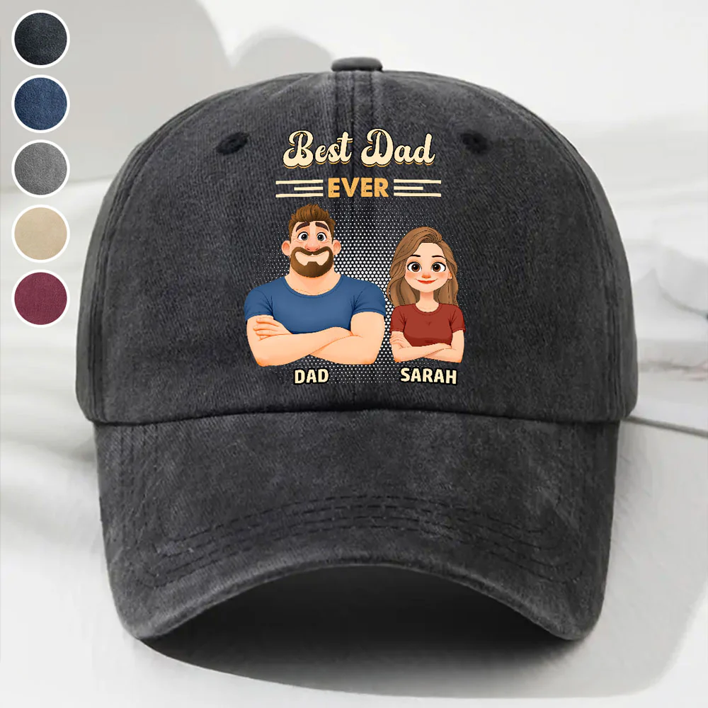 Best Daddy Ever 2 - Personalized Custom Vintage Washed Denim Cap - Image 2