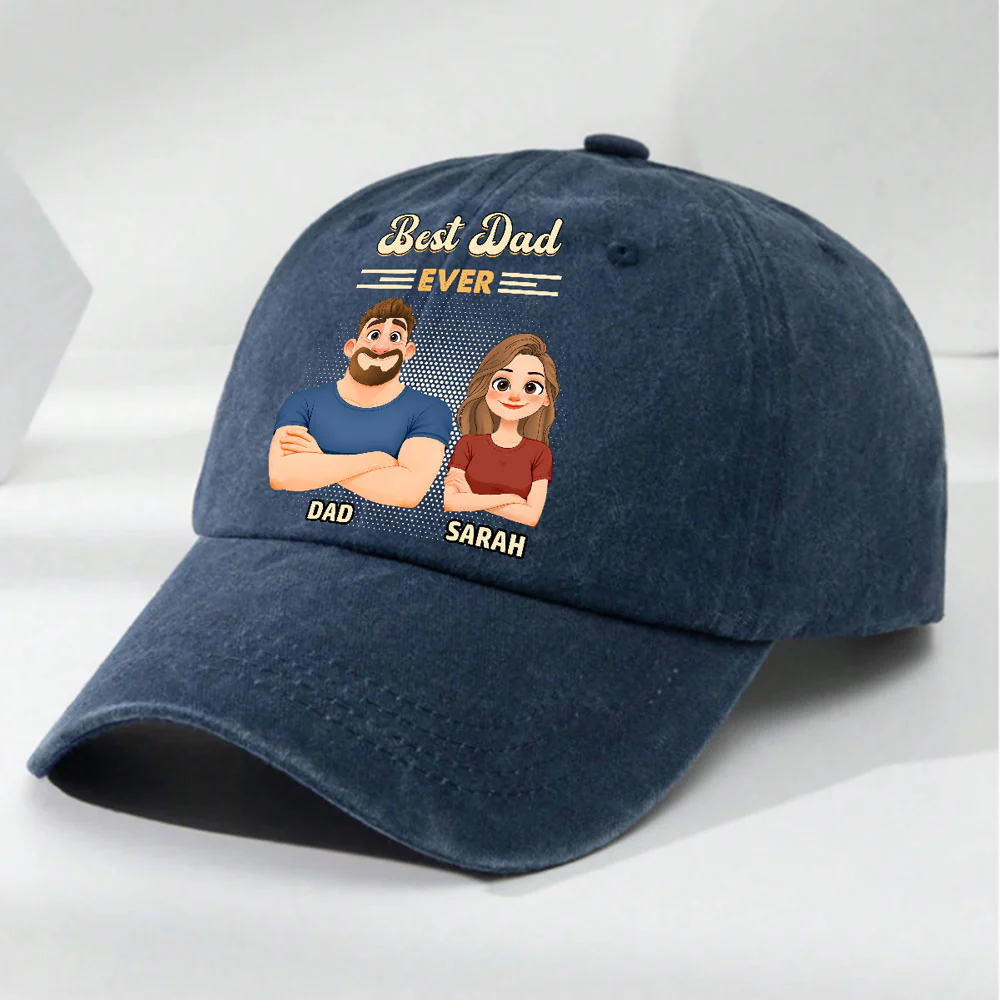 Best Daddy Ever 2 - Personalized Custom Vintage Washed Denim Cap - Image 3