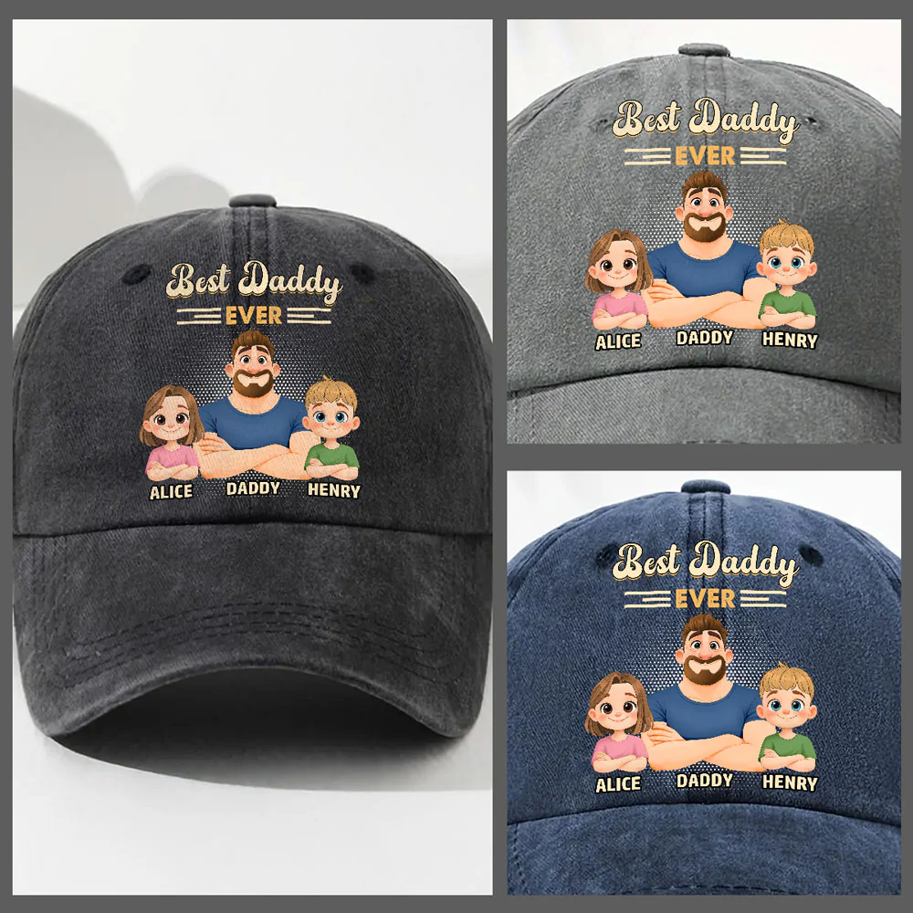 Best Daddy Ever 2 - Personalized Custom Vintage Washed Denim Cap - Image 4