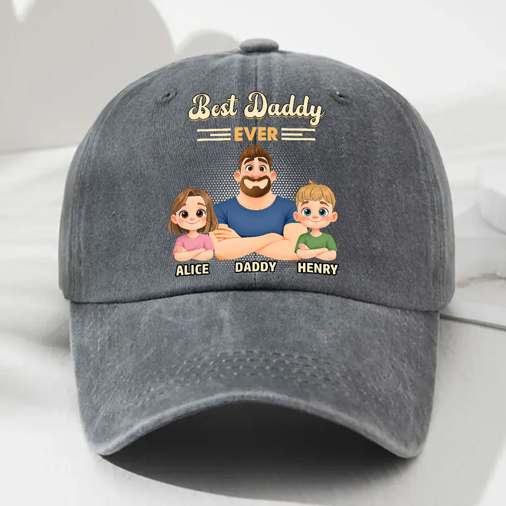 Best Daddy Ever 2 - Personalized Custom Vintage Washed Denim Cap - Image 5