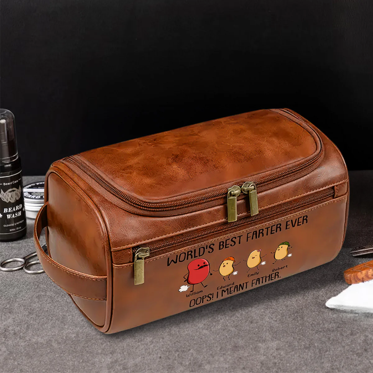 Best Farter Ever I Mean Father - Personalized Custom Leather Toiletry Bag - Image 3