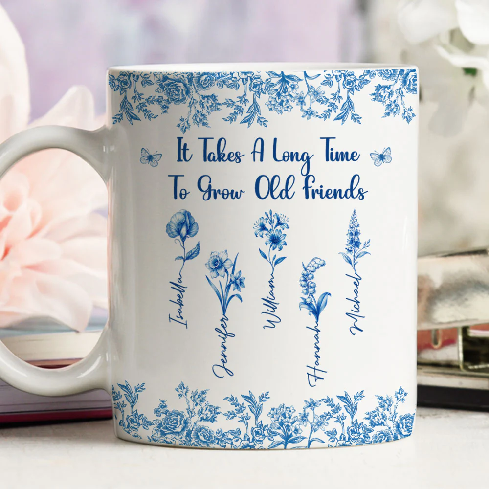 Bestie Flowers Toile De Jouy Style  - Personalized Custom Coffee Mug - Image 4