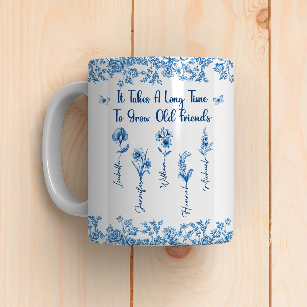Bestie Flowers Toile De Jouy Style  - Personalized Custom Coffee Mug - Image 5