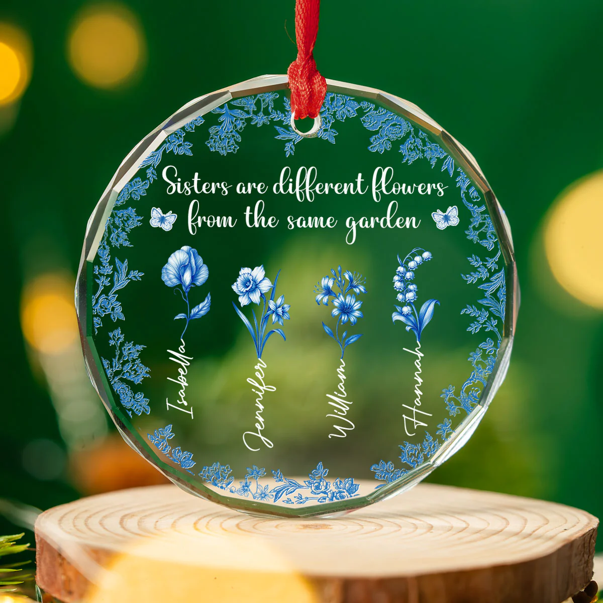 Bestie Flowers Toile De Jouy Style - Personalized Custom Glass Ornament - Image 3