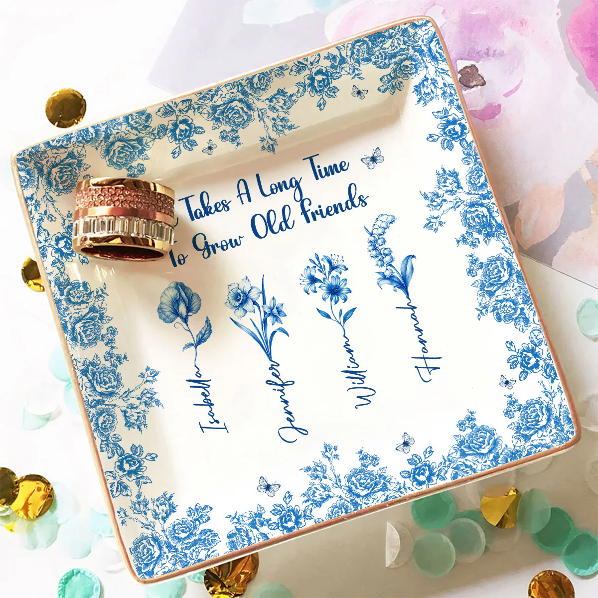 Bestie Flowers Toile De Jouy Style - Personalized Custom Jewelry Dish - Image 2