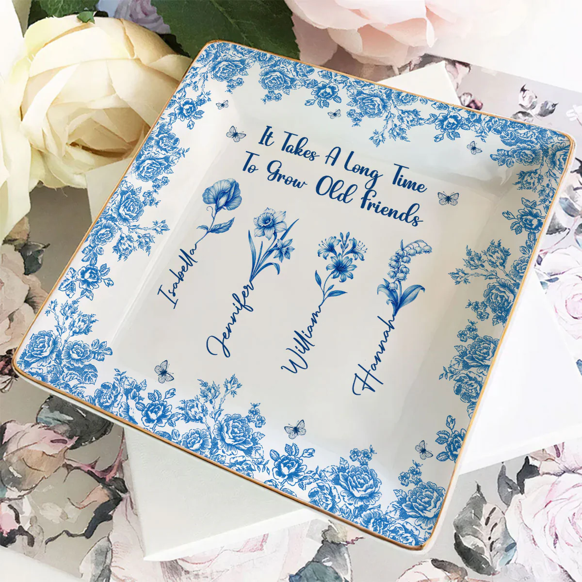 Bestie Flowers Toile De Jouy Style - Personalized Custom Jewelry Dish - Image 3