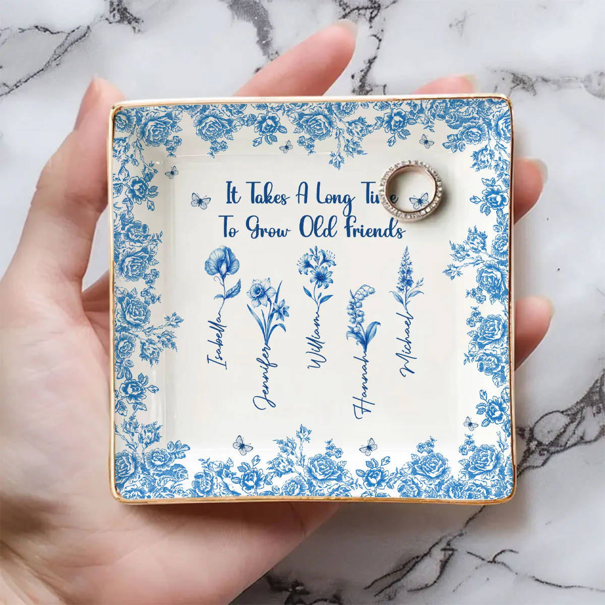 Bestie Flowers Toile De Jouy Style - Personalized Custom Jewelry Dish - Image 4