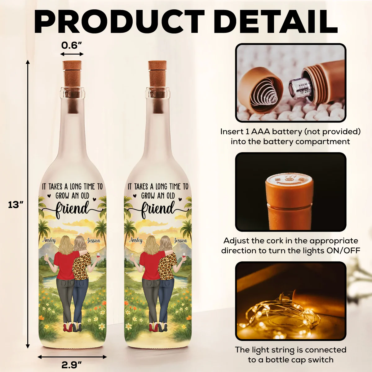Bestie Old Friends Take Time To Grow - Personalized Custom Bottle Lamp - Image 6