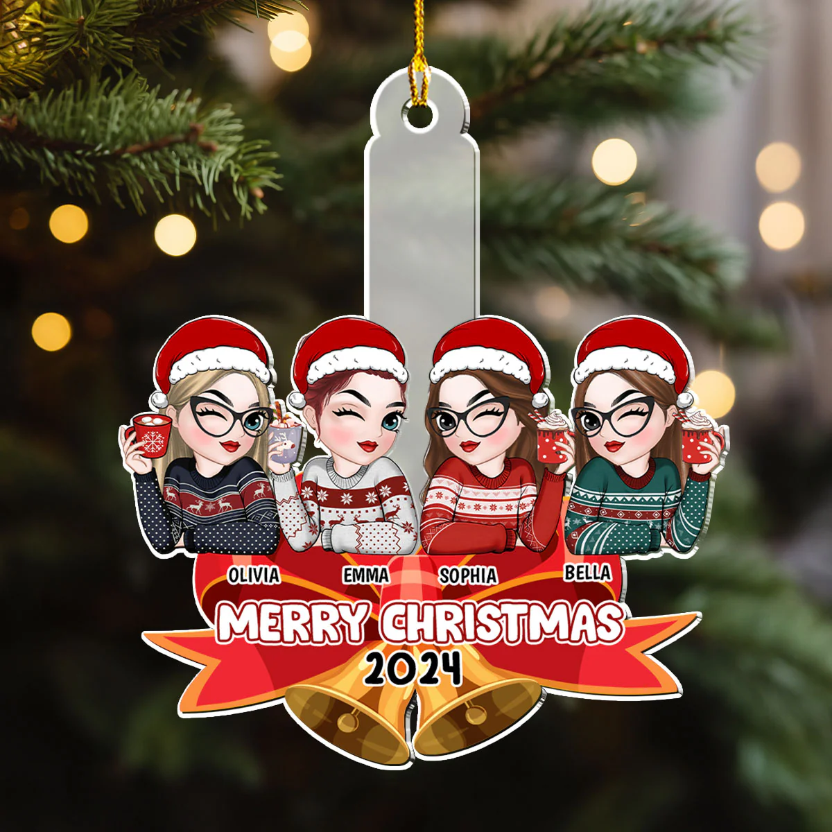 Bestie Sitting On Bell - Personalized Custom Acrylic Ornament - Image 3