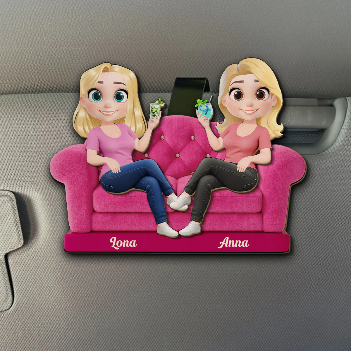 Bestie Sitting Together Cartoonize - Personalized Custom Car Visor Clip
