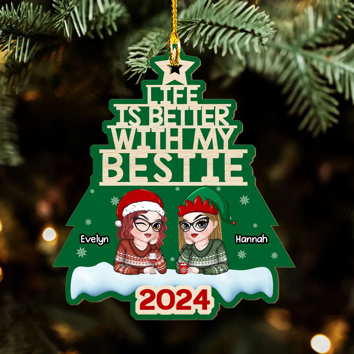 Besties Christmas Tree - Personalized Custom Wood Ornament - Image 3