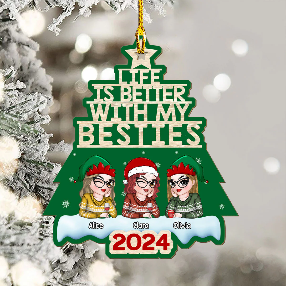 Besties Christmas Tree - Personalized Custom Wood Ornament - Image 4