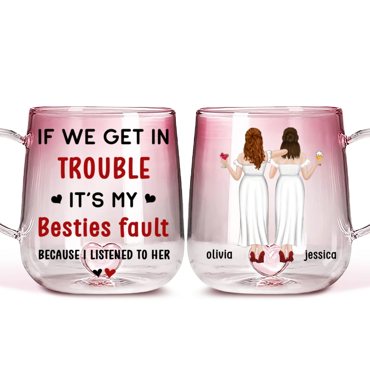 Besties Fault - Personalized Custom Pink Gradient Glass Mug - Image 4