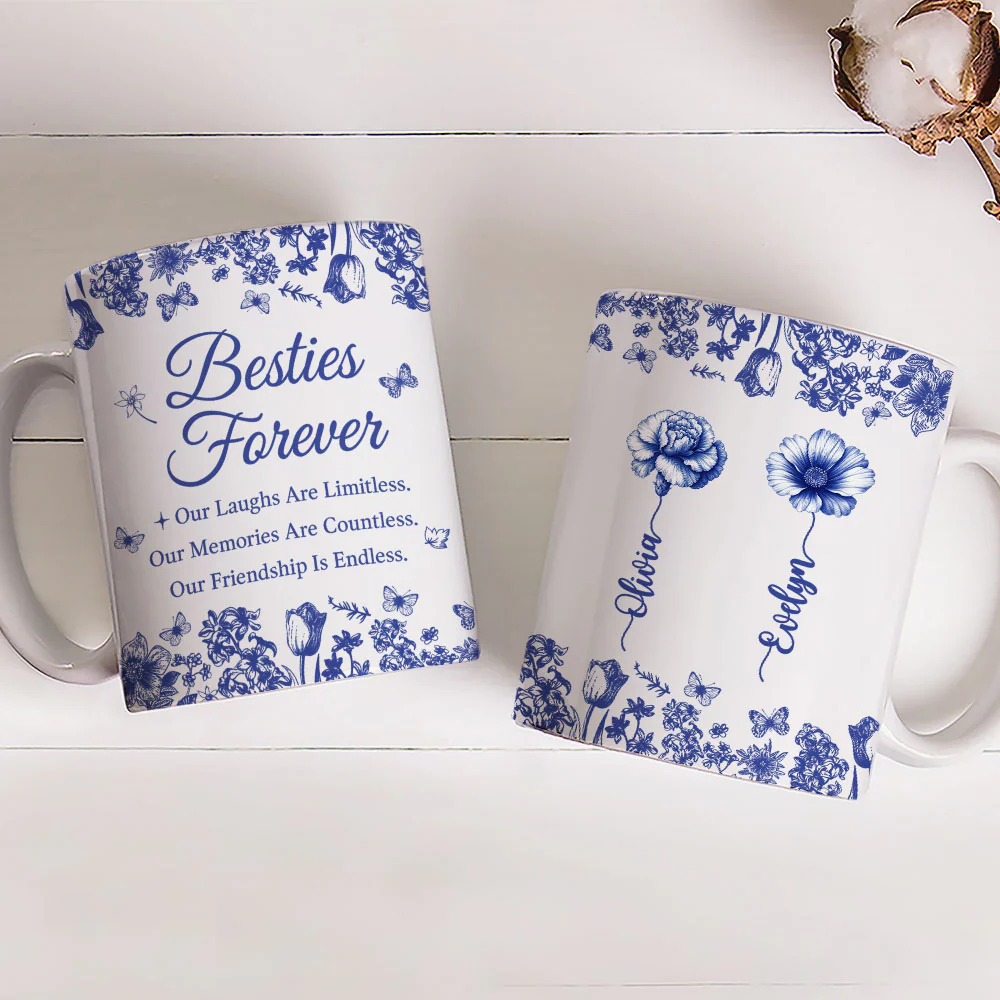 Besties Forever Blue Toile - Personalized Custom Coffee Mug - Image 4