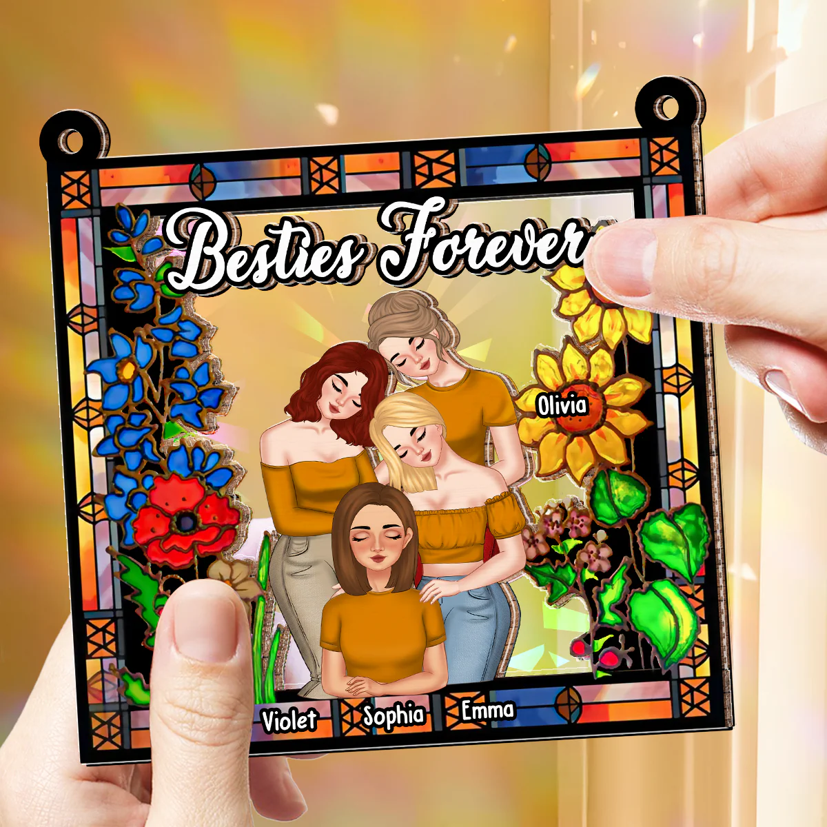 Besties Forever Floral Style - Personalized Custom Rainbow Suncatcher - Image 2