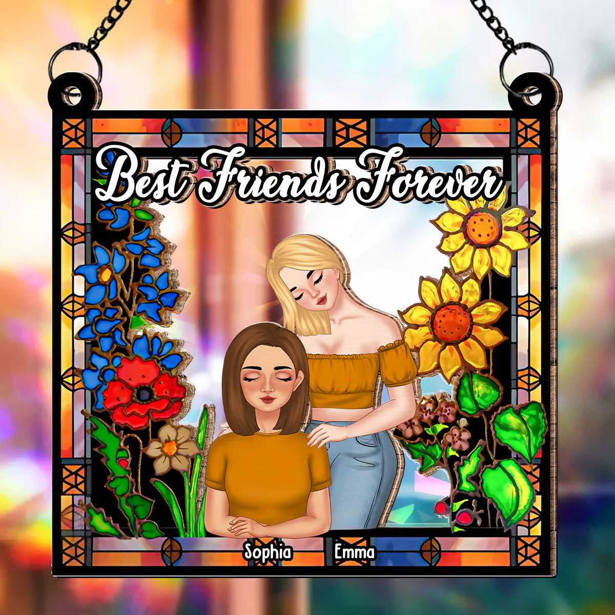 Besties Forever Floral Style - Personalized Custom Rainbow Suncatcher - Image 3