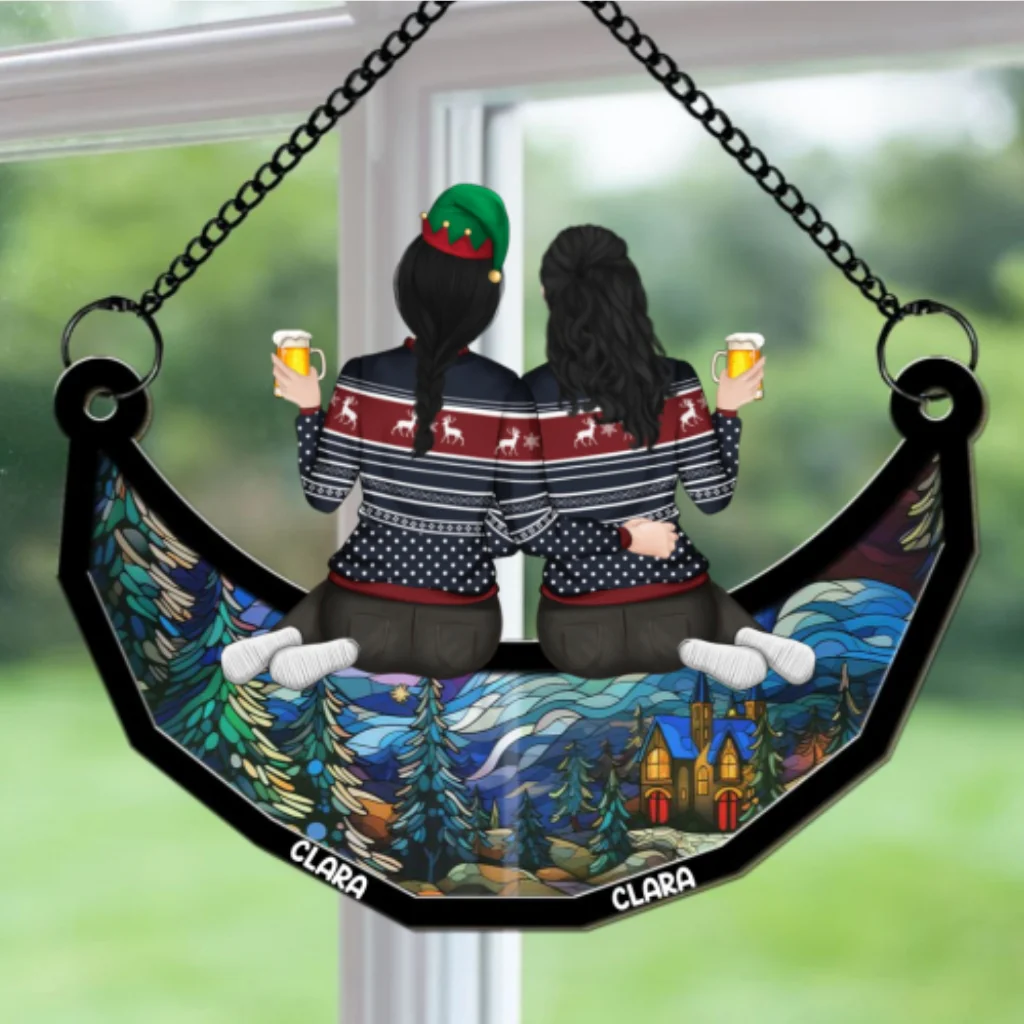 Besties Friends Sitting On The Moon - Personalized Custom Suncatcher - Image 5