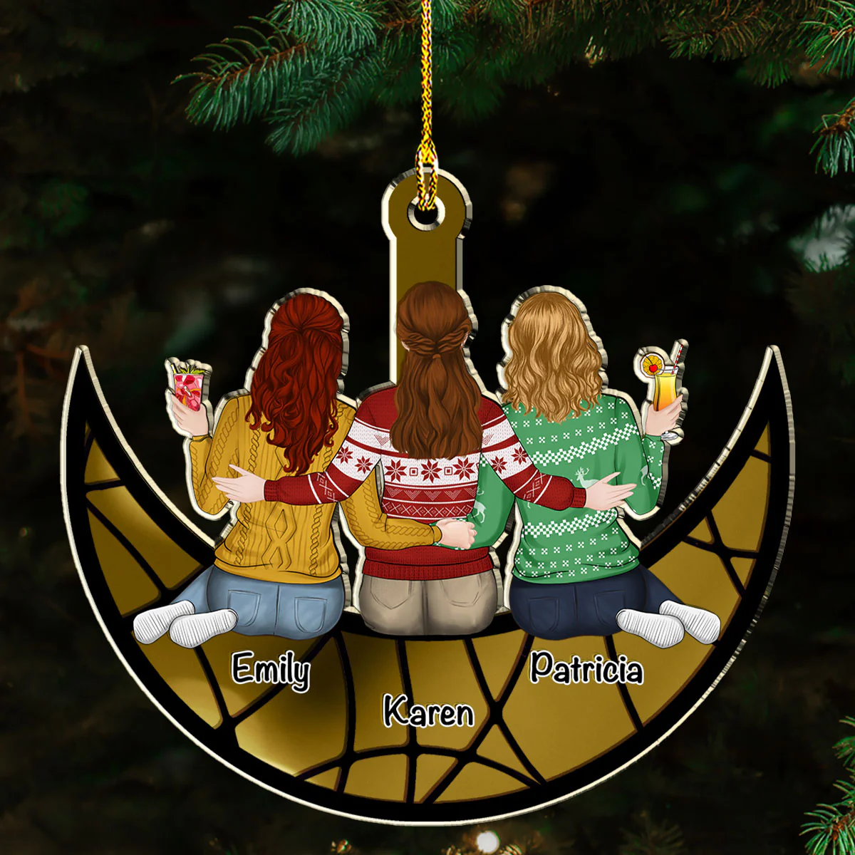 Besties Sitting On The Moon - Personalized Custom Mirrored Acrylic Ornament - Image 3