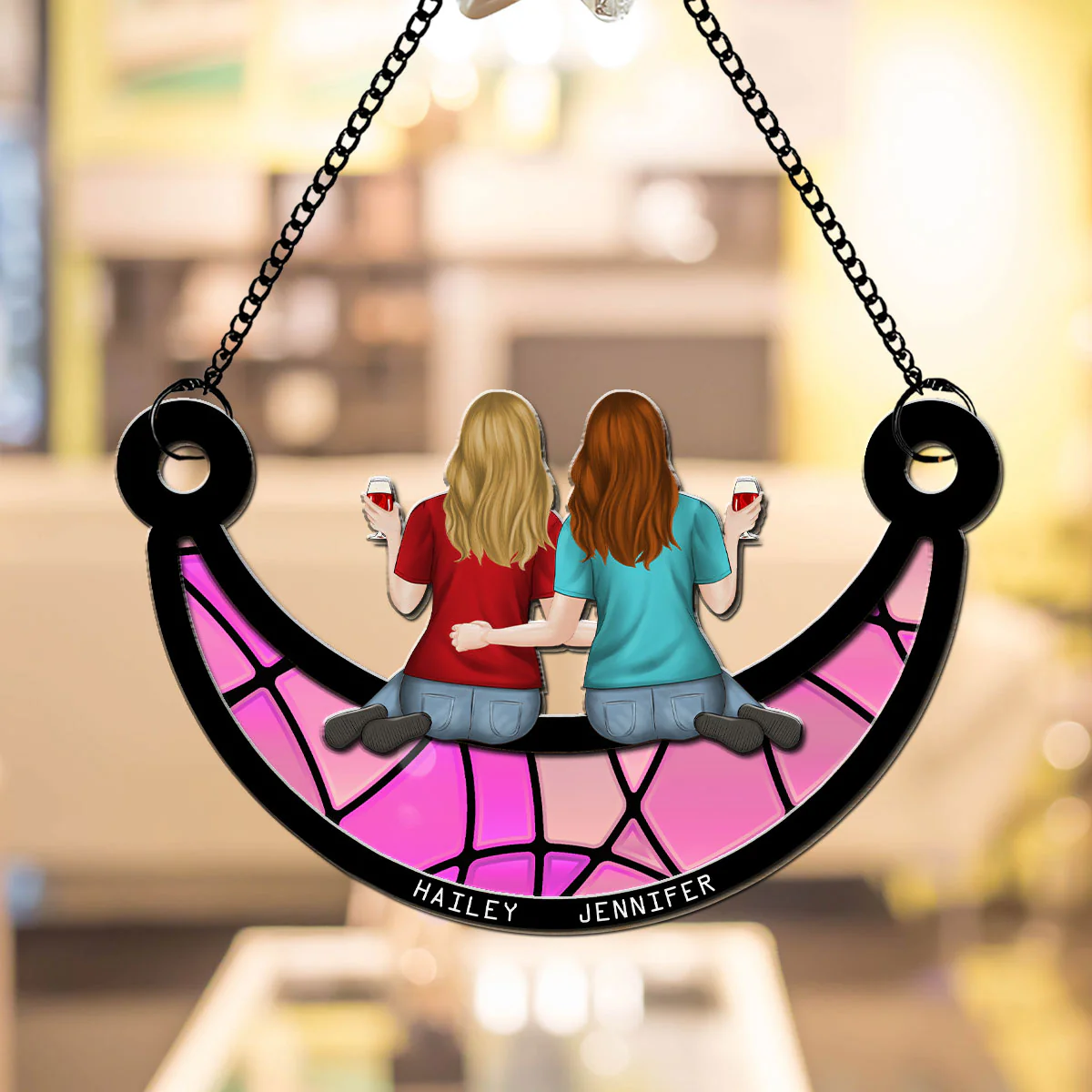 Besties Sitting On The Moon - Personalized Custom Suncatcher - Image 2