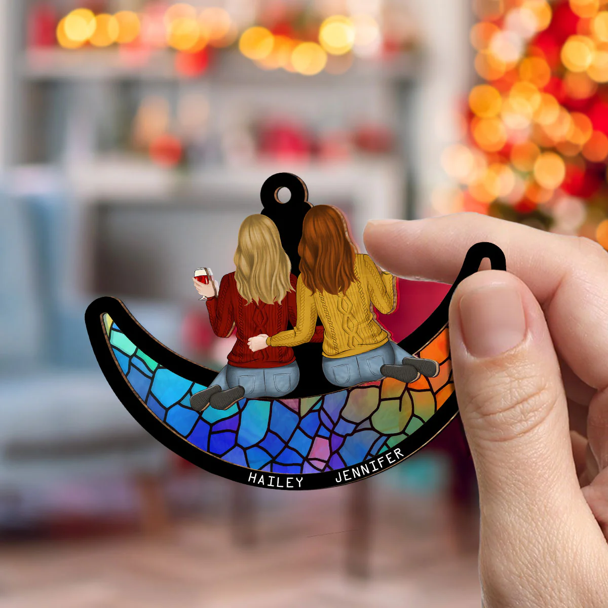 Besties Sitting On The Moon - Personalized Custom Suncatcher Ornament - Image 4