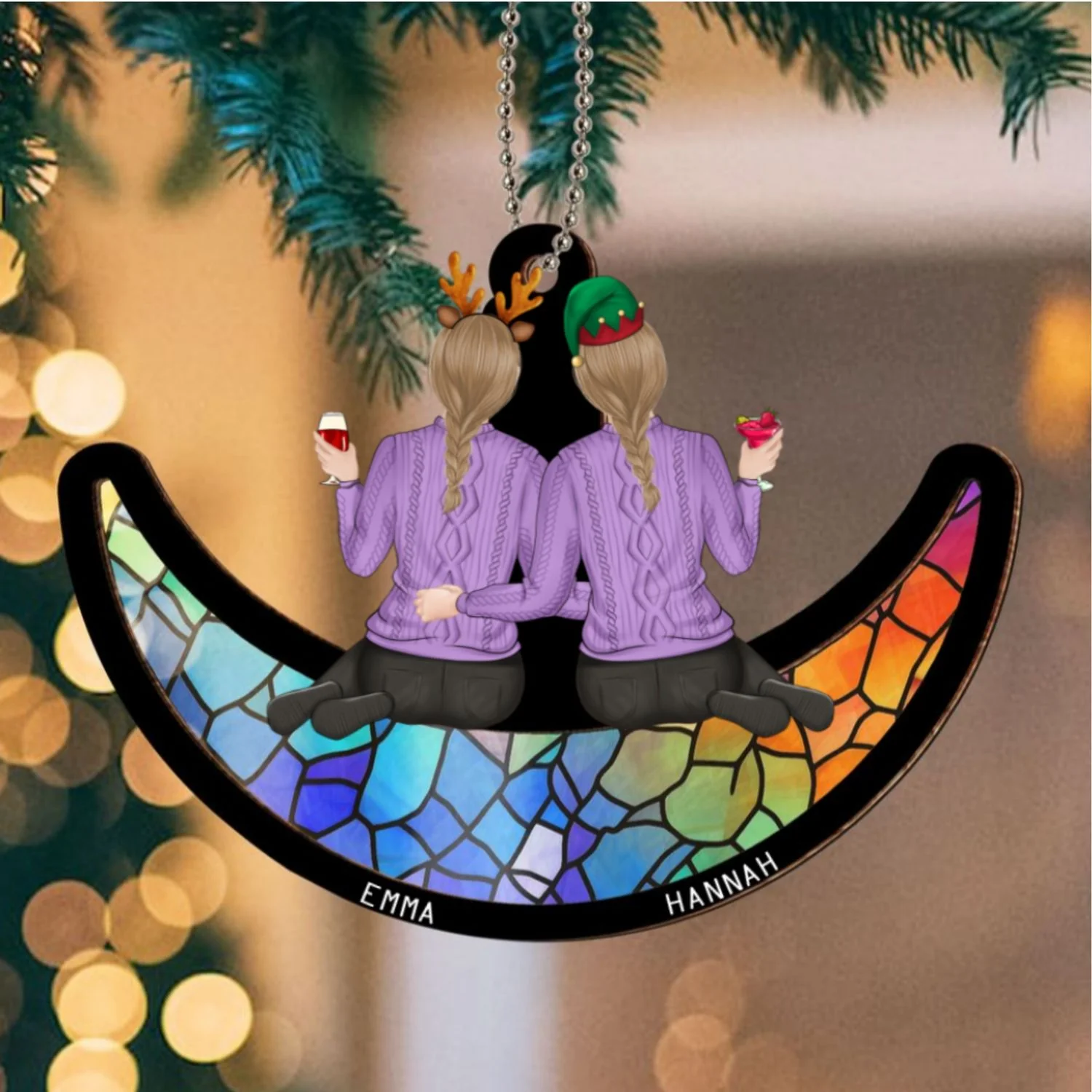 Besties Sitting On The Moon - Personalized Custom Suncatcher Ornament - Image 6