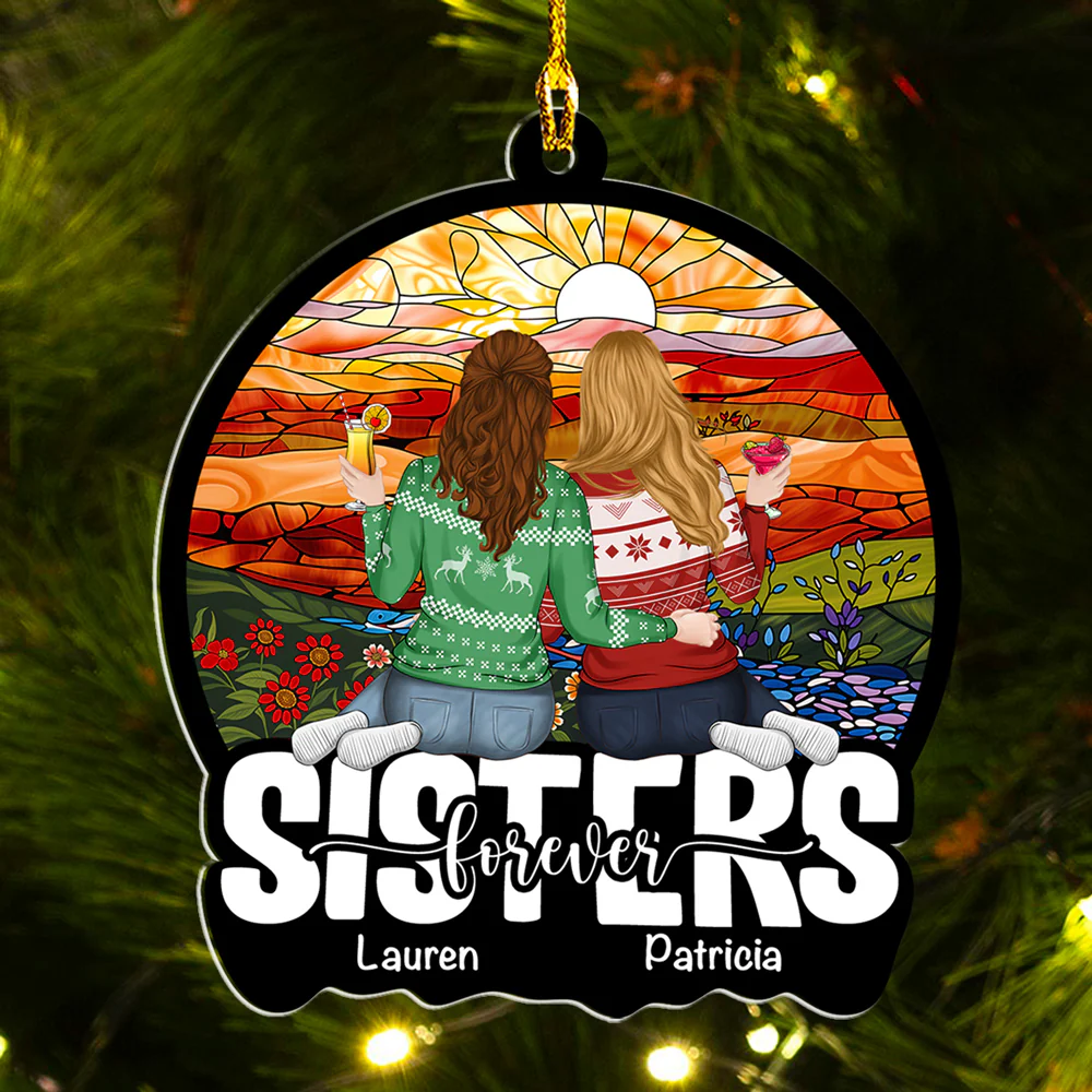 Besties Sitting Together - Personalized Custom Acrylic Ornament - Image 2
