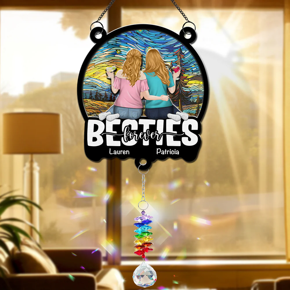 Besties Sitting Together - Personalized Custom Suncatcher With Crystal Rainbow Charm - Image 2