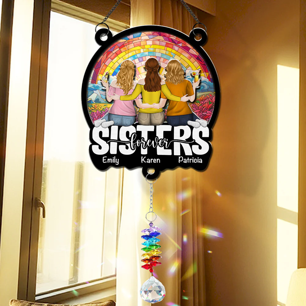Besties Sitting Together - Personalized Custom Suncatcher With Crystal Rainbow Charm - Image 3