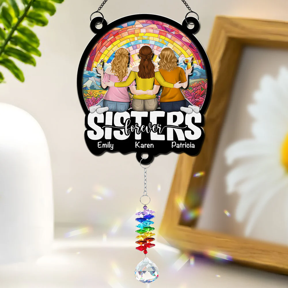 Besties Sitting Together - Personalized Custom Suncatcher With Crystal Rainbow Charm - Image 4