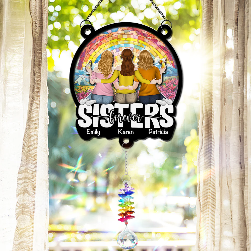 Besties Sitting Together - Personalized Custom Suncatcher With Crystal Rainbow Charm - Image 5