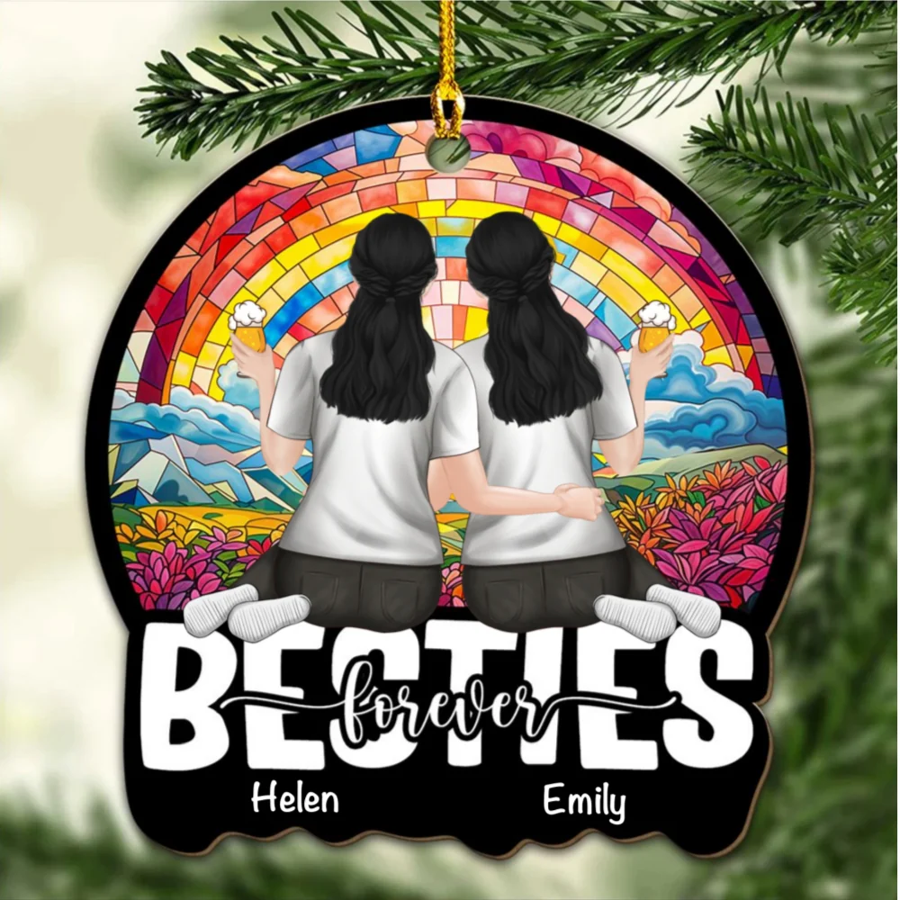 Besties Sitting Together - Personalized Custom Wood Ornament - Image 5