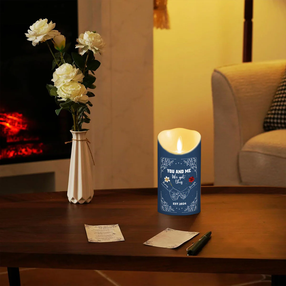 Birth Flower Hands In Hands - Personalized Custom LED Candle - Image 3