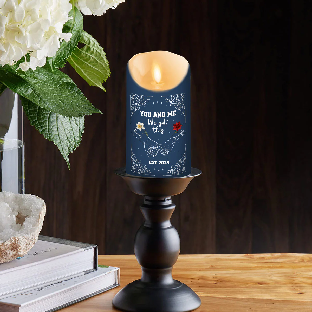 Birth Flower Hands In Hands - Personalized Custom LED Candle - Image 4