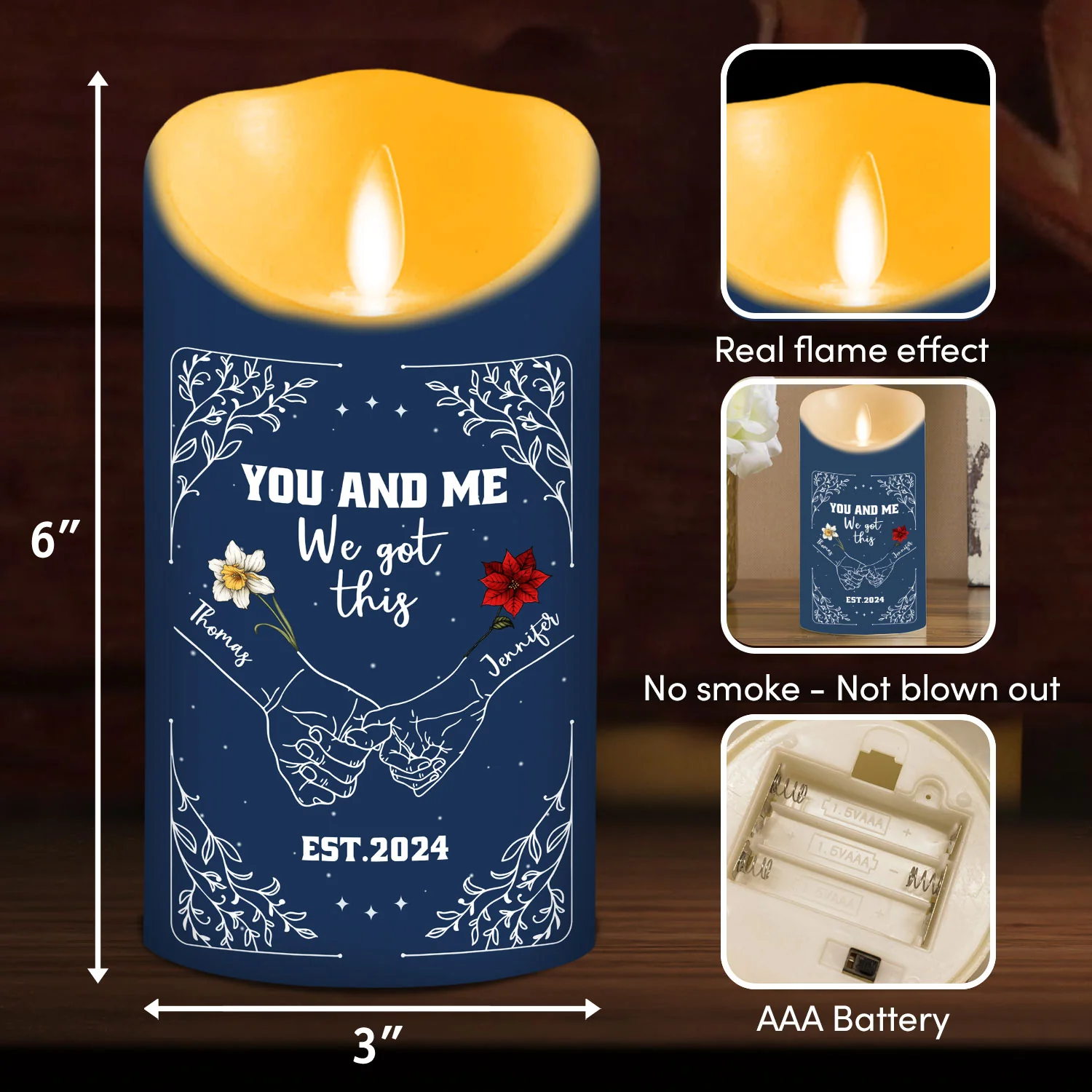 Birth Flower Hands In Hands - Personalized Custom LED Candle - Image 5