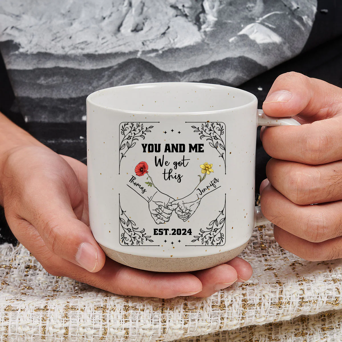 Birth Flower Hands In Hands - Personalized Custom Pottery Mug - Image 2