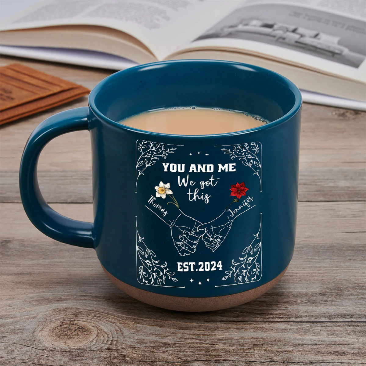 Birth Flower Hands In Hands - Personalized Custom Pottery Mug - Image 3
