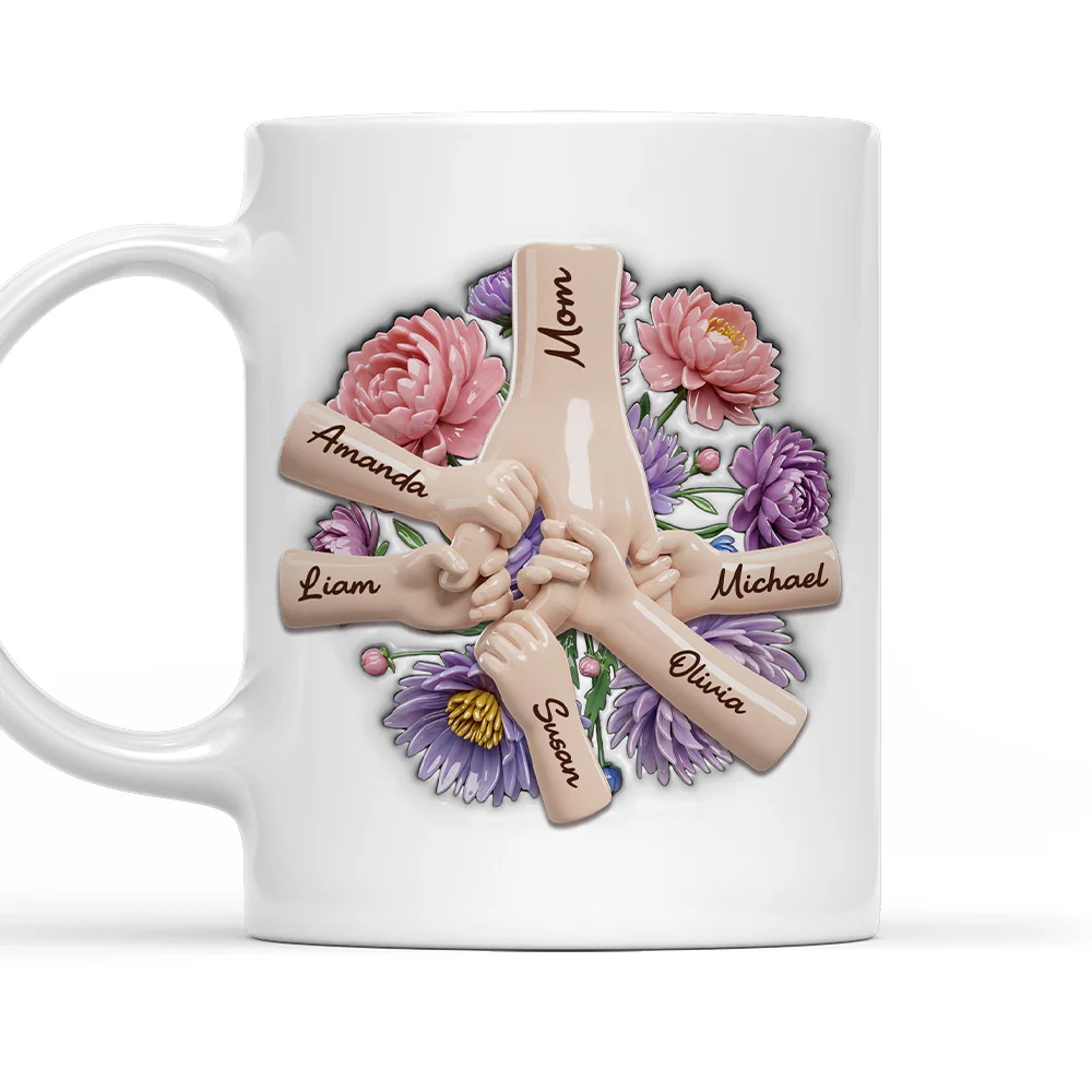 Birth Month Flower Mom Grandma Holds Hands - Personalized Custom 3D Inflated Effect Mug