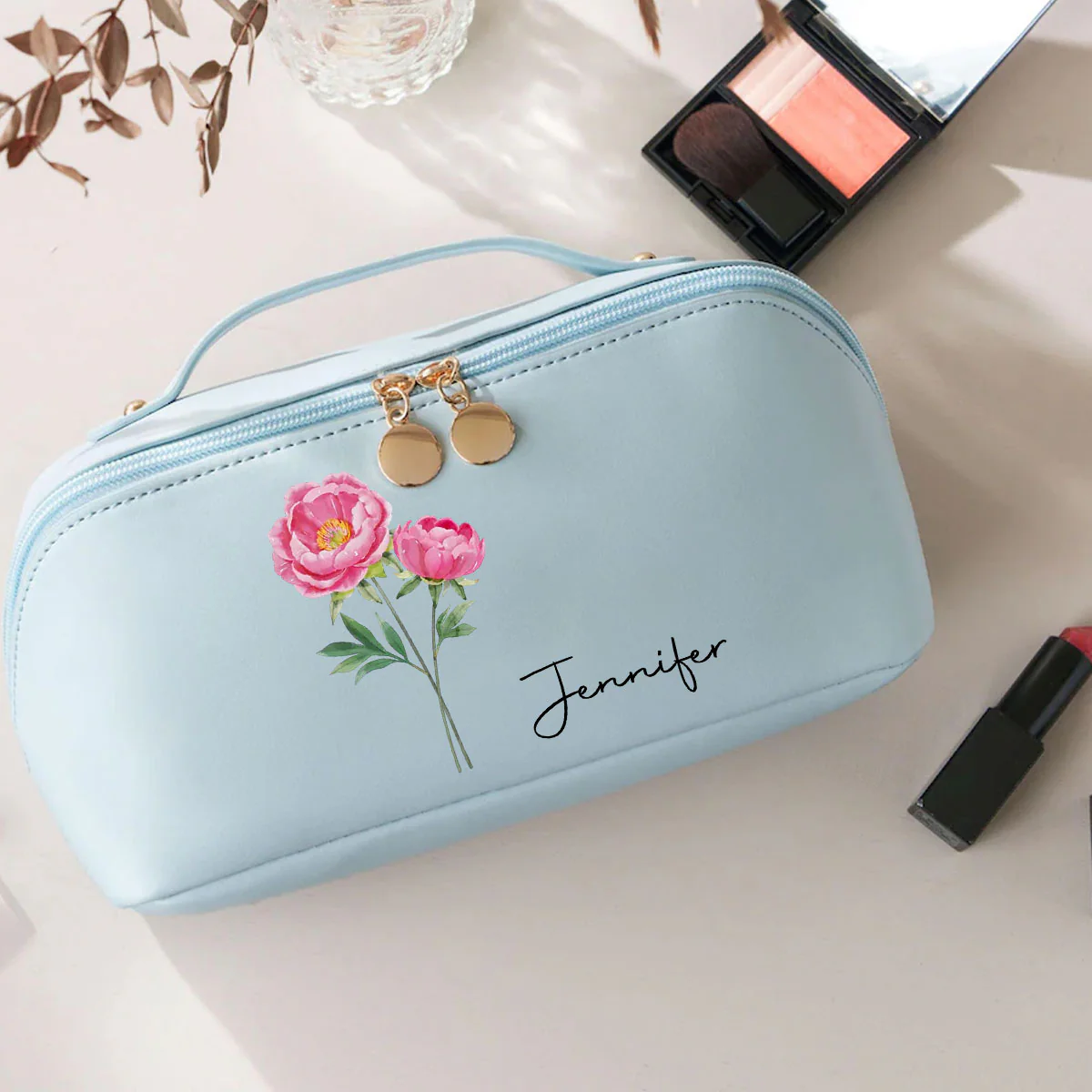 Birth Month Flower Version 2 - Personalized Custom Leather Makeup Bag - Image 3