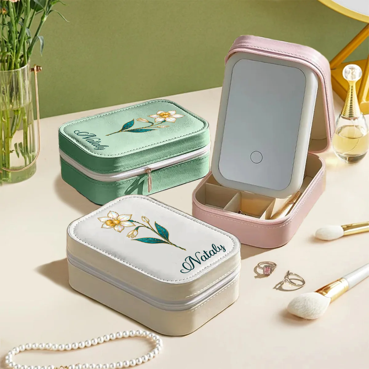Birth Month Flower Version 4 - Personalized Custom Jewelry Box With LED Mirror - Image 4