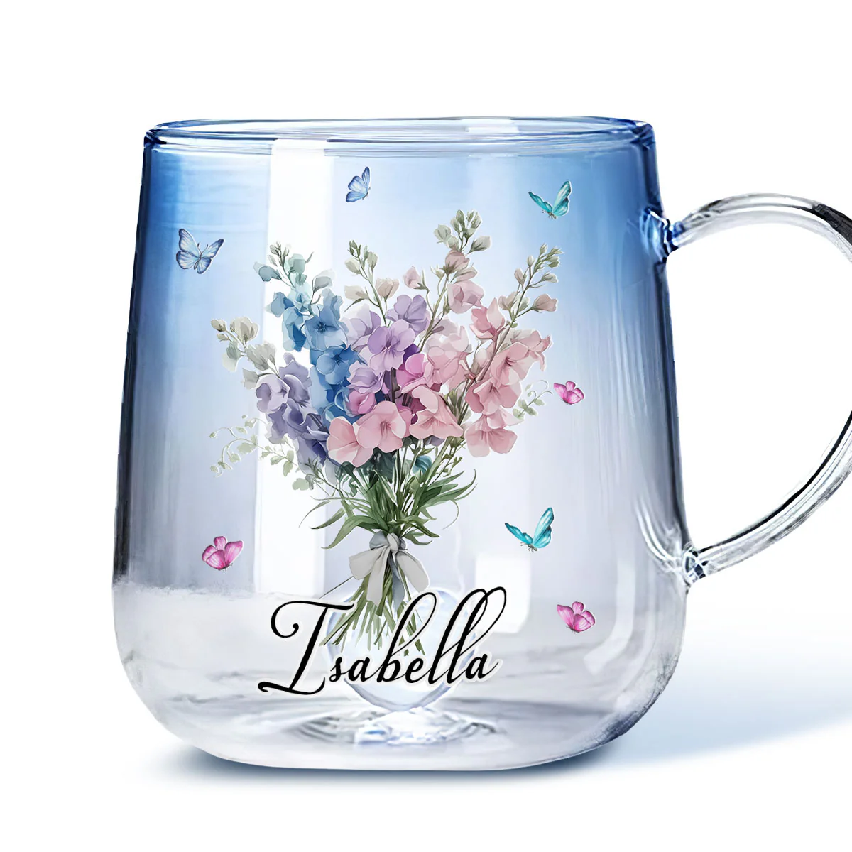 Birthmonth Flower With Name - Personalized Custom Blue Gradient Glass Mug - Image 2