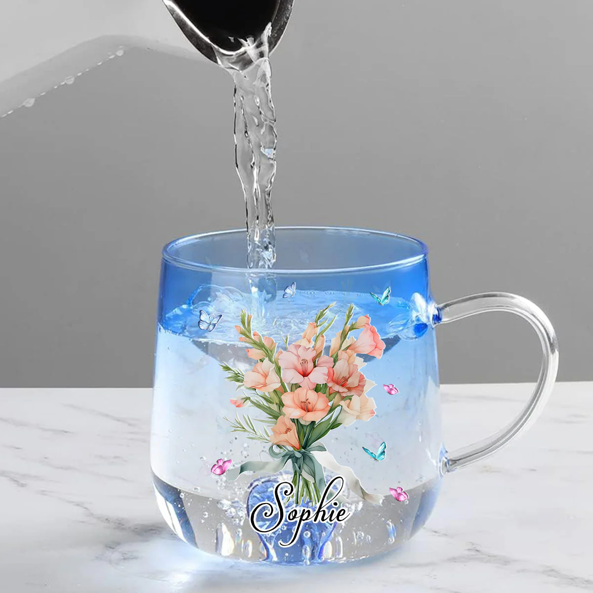 Birthmonth Flower With Name - Personalized Custom Blue Gradient Glass Mug - Image 3