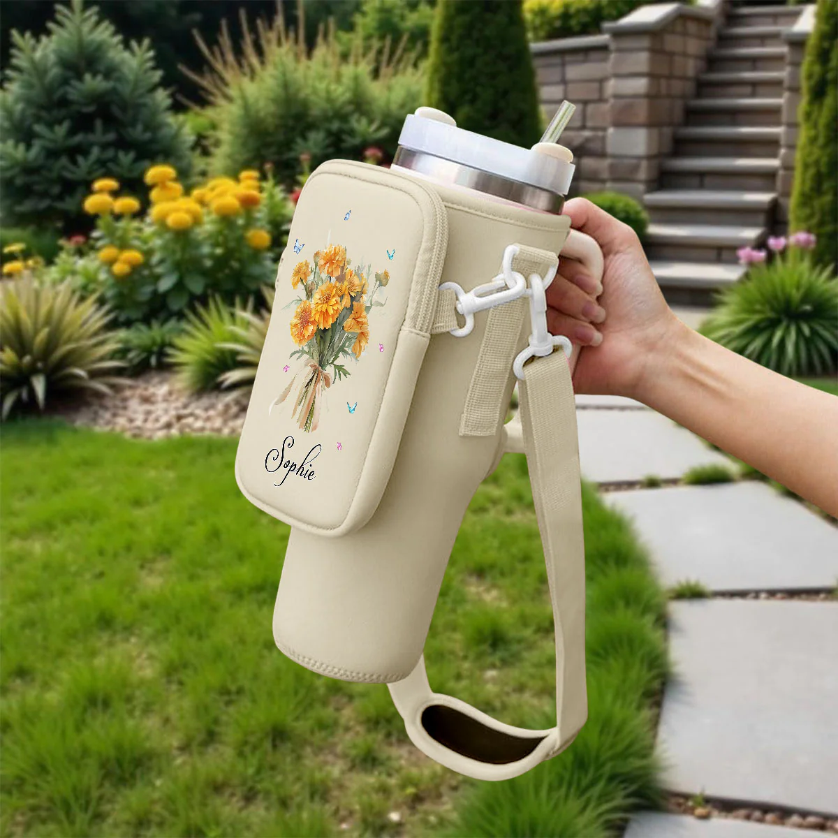 Birthmonth Flower - Personalized Custom Water Bottle Carrier Bag - Image 16