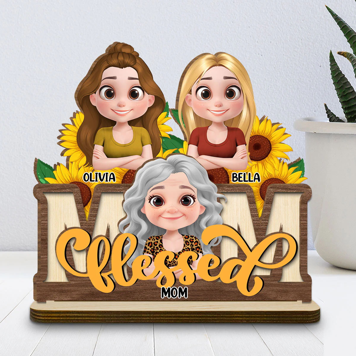 Blessed Mom - Personalized Custom 2-Layer Wood Plaque With Flat Base - Image 2