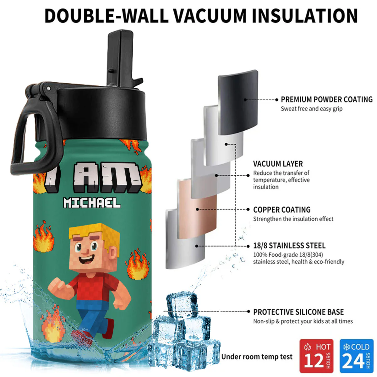 Blocky Kid - Personalized Custom Kids Water Bottle - Image 4