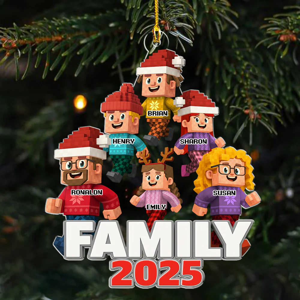 Blocky Voxel Family Christmas Tree - Personalized Custom Acrylic Ornament - Image 2