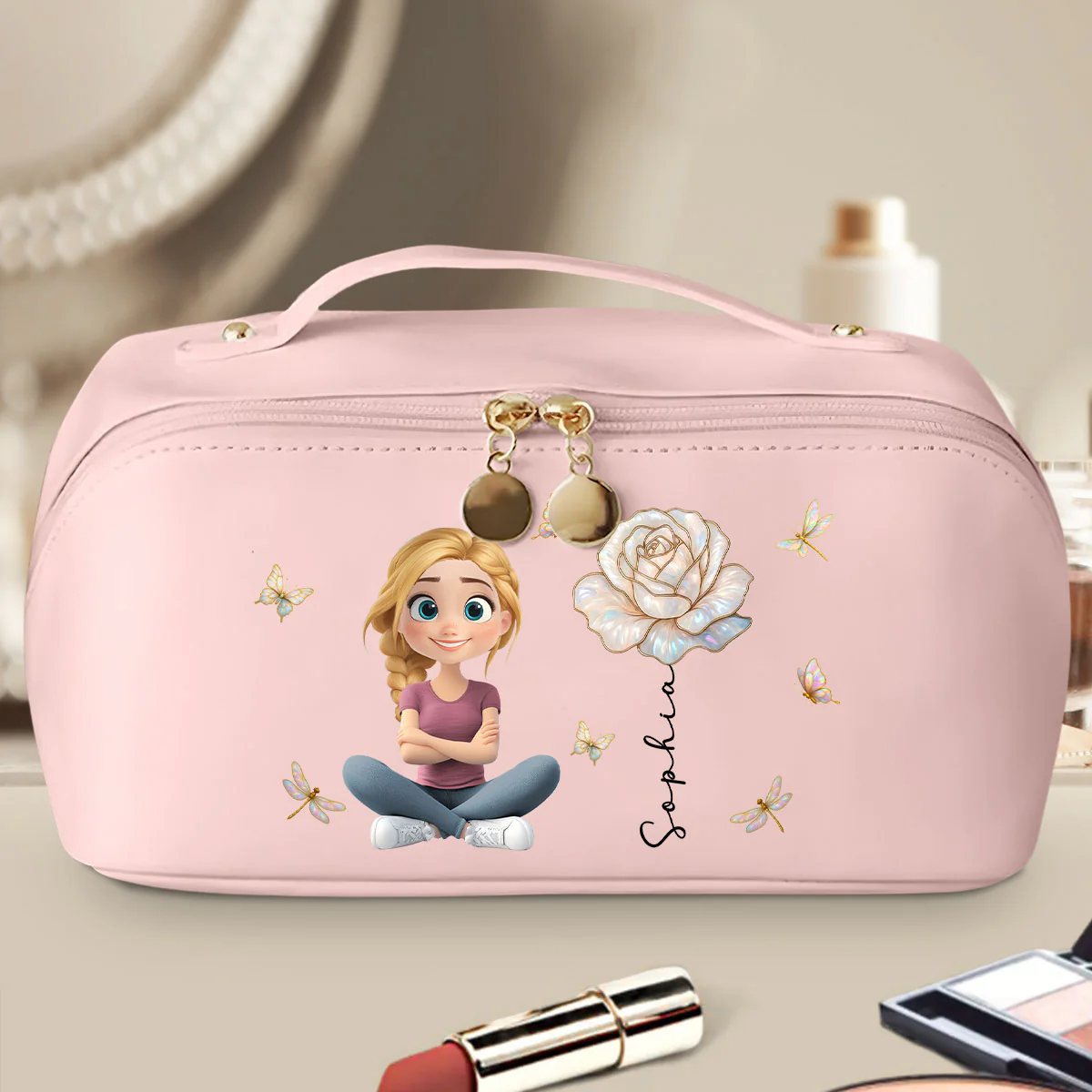 Blooming Soul - Personalized Custom Leather Makeup Bag