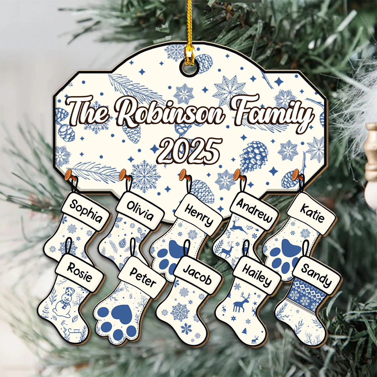 Blue Family With Pet - Personalized Custom Wood Ornament - Image 2