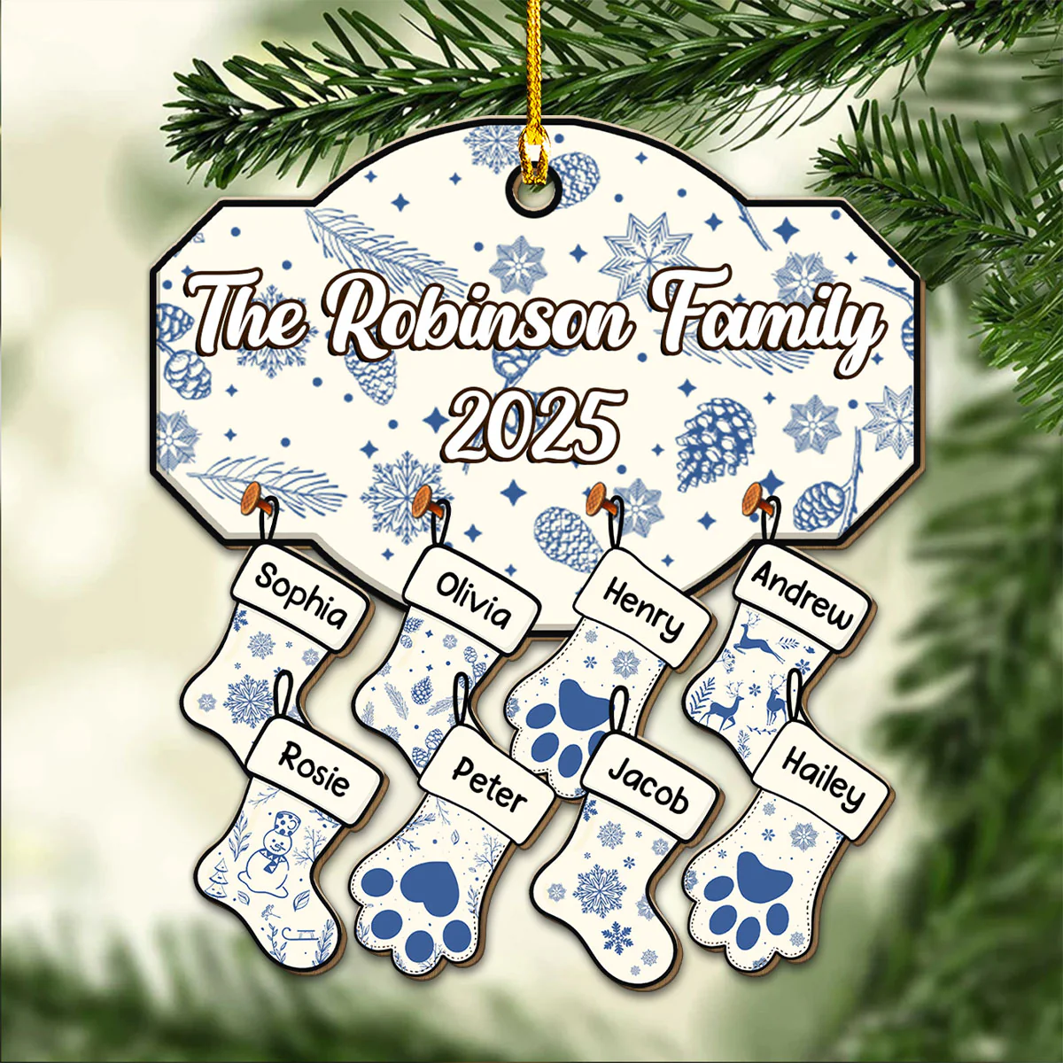 Blue Family With Pet - Personalized Custom Wood Ornament - Image 3